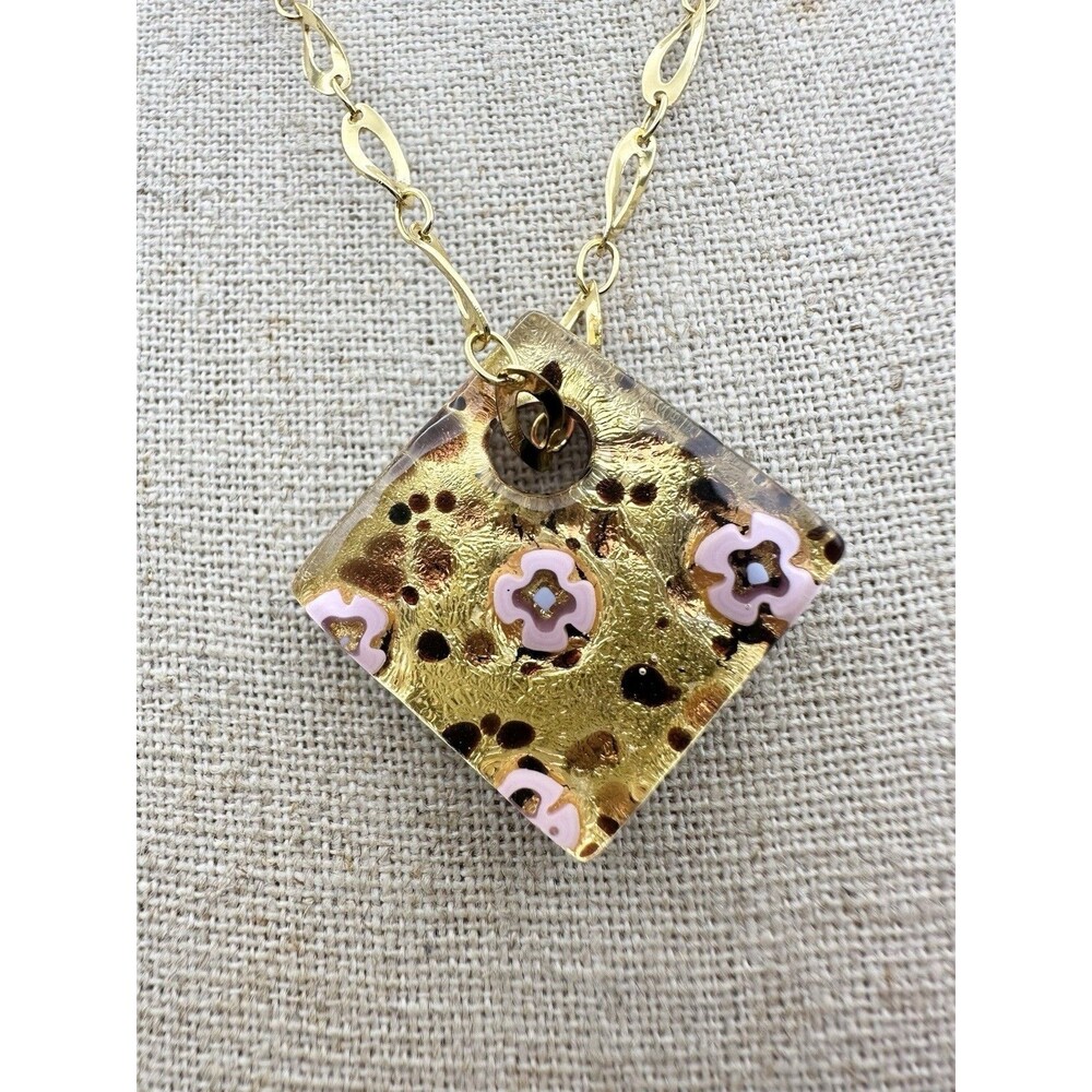 Murano Glass Gold Foil Floral Pendant Necklace 18”
